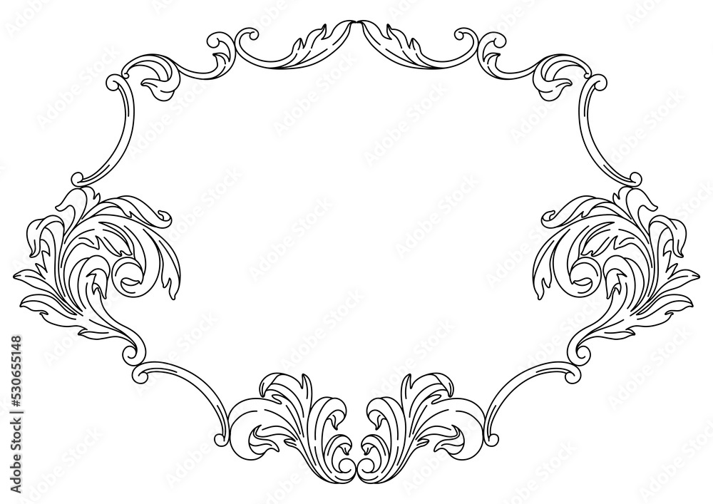 Decorative floral frame in baroque style. Engraved black curling plant. Decorative floral frame in baroque style. Engraved black curling plant.