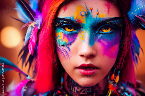 colorful fairypunk aztec inspired woman with feathers