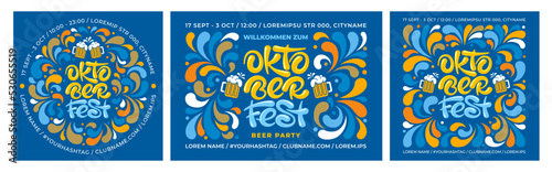 Advertisement of Oktoberfest festival. Templates set, unusual design, calligraphy lettering, beer mugs. Decorated with bright graphic elements on the blue background. Vector illustration