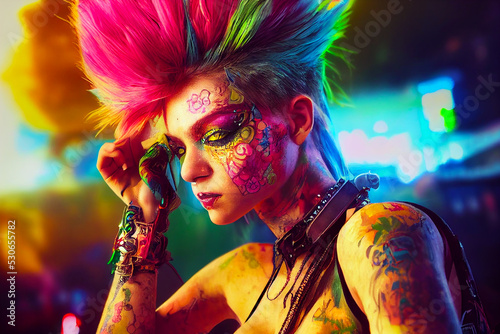 colorful fairypunk tattooed female digital character, generative ai