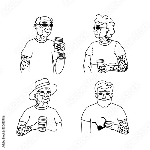 Cool old people with tattoo drinking tea or coffee together. Line art doodle illustration for print, graphic design, stickers and poster template.