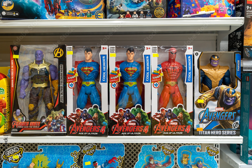 Fototapeta premium Superhero figure toys on store shelf. Minsk, Belarus, 2022