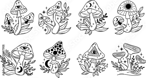Magic mushrooms outline vector illustrations set