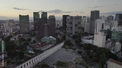 
Financial district, City Center Rio De Janeiro, Brazil. Aerial View of Metropolitan Cathedral of Rio De Janeiro, famous downtown buildings and the Carioca Aqueduct also know as Arcos da Lapa.  photo