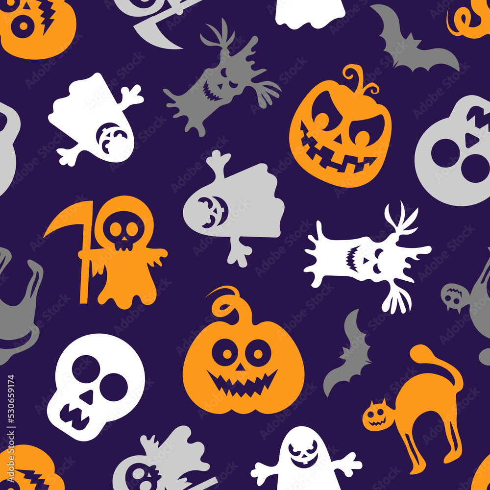 Seamless vector pattern for Halloween design. Halloween symbols: pumpkin, ghost in cartoon style. Vector Illustration