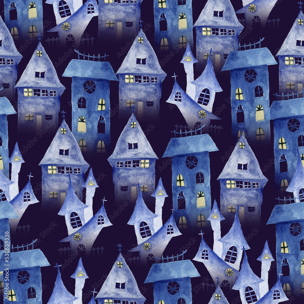 Seamless Pattern Of A City On Halloween Night Illustration Of Old 