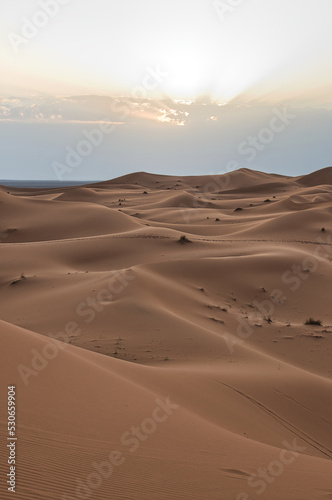 Dunes in the Sahara desert at sunset  the desert near the town of Merzouga  a beautiful African landscape