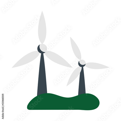 Wind turbine on green field vector illustration. Wind energy concept produces electricity.