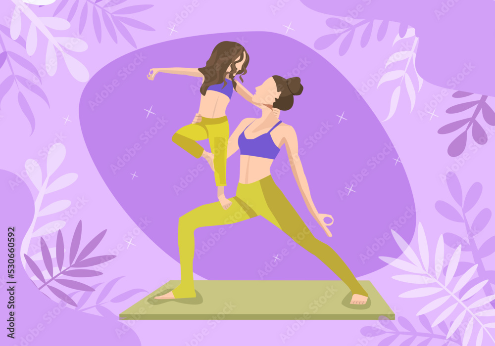Family yoga. Mom and daughter are in a difficult position. Vector illustration. Health, family, unity