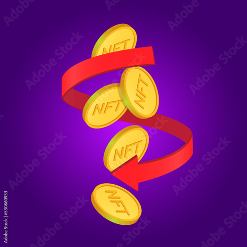 NFT price. Non-fungible NFT token. NFT gold coins and a red arrow pointing down. NFT investment concept vector illustration.