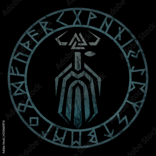 Odin with Valknut, Futhark runes circle, Norse mythology, vintage, isolated on black background