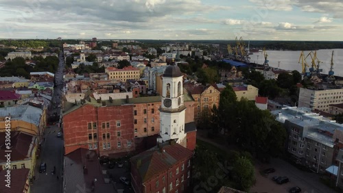 Vyborg, old town, aerial video, clock tower