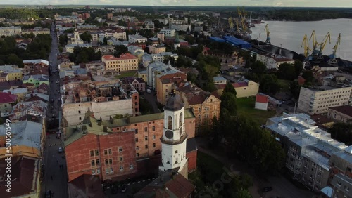 Vyborg, old town, aerial video, clock tower