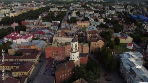 Vyborg, old town, aerial video, clock tower