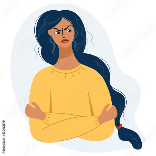 Angry woman outraged with annoyed facial expression vector flat illustration.Dark skinned girl feeling stress and negative emotions.Frustrated female character with displeased expression.