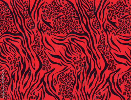 leopard zebra print seamless mix pattern, red background, fashion design on textile, animal texture