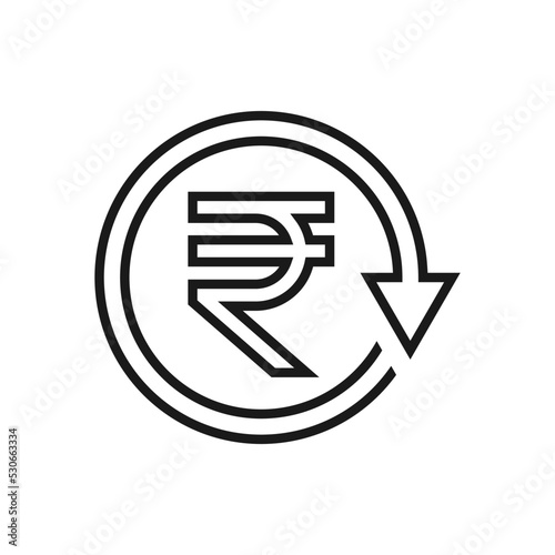 Rupee sign in circular arrow. Chargeback, refund, return money icon line style isolated on white background. Vector illustration
