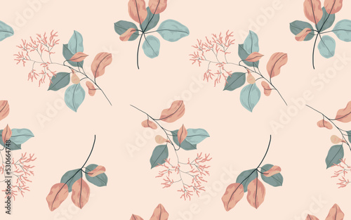 Seamless floral pattern, gentle botanical backdrop with falling branches. Abstract composition of hand drawn plants: delicate flowers branches, large leaves on a light background. Vector illustration.