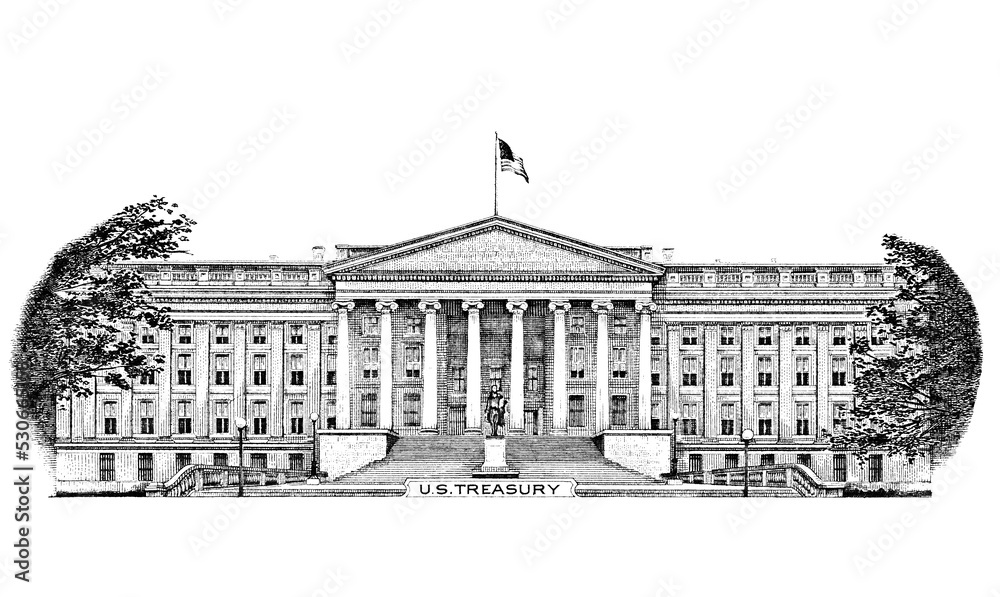 U.S. Treasury building cut from 10 dollar banknote on transparent background - obrazy, fototapety, plakaty 