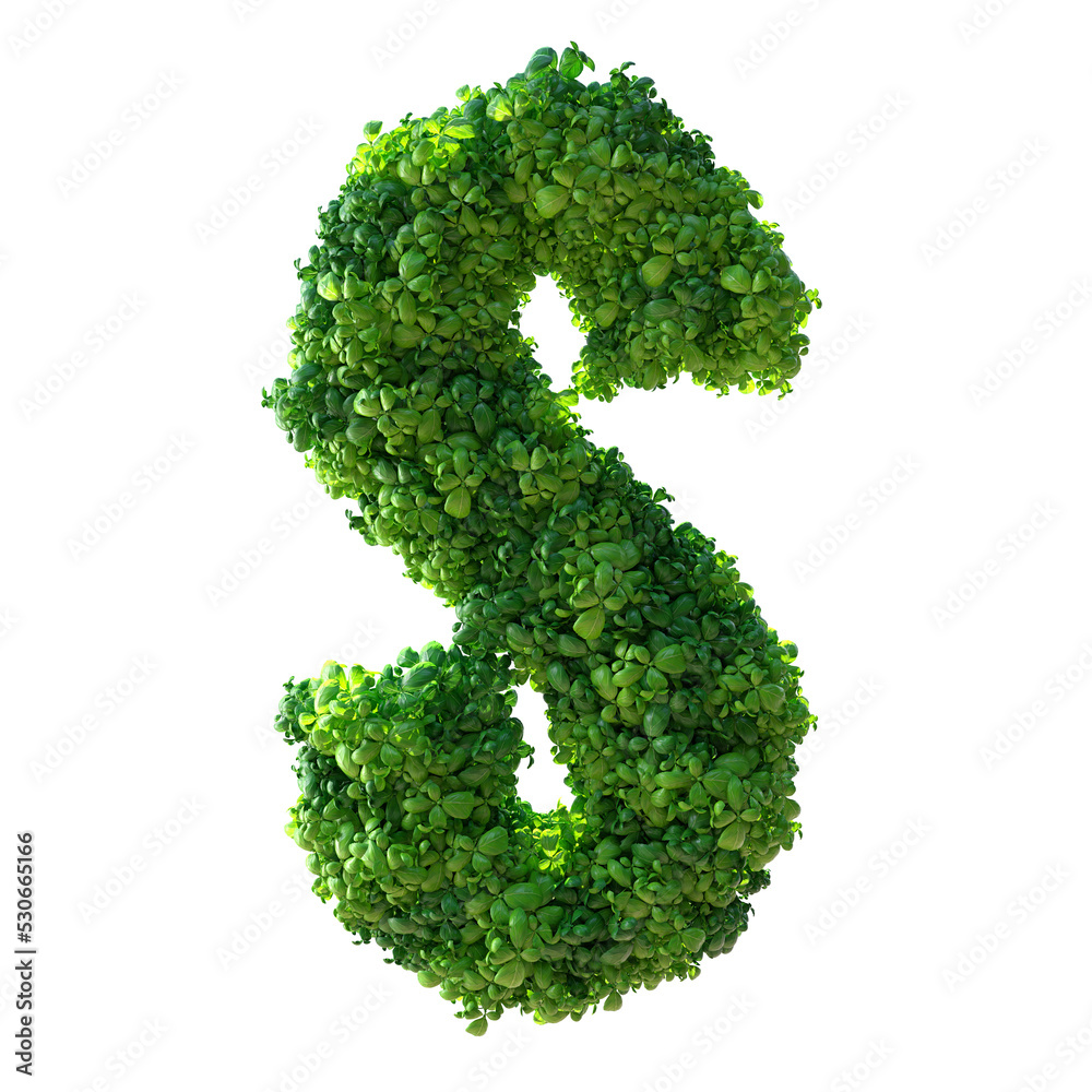 3d alphabet letter S. Green plant, leaves, grass, moss, basil, mint. Isolated on a white background with Clipping Path. 3d illustration. 3d alphabet letter S. Green plant, leaves, grass, moss, basil, mint. Isolated on a white background with Clipping Path. 3d illustration.