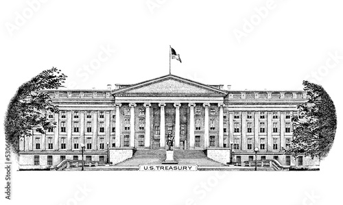 U.S. Treasury building cut from 10 dollar banknote on transparent background