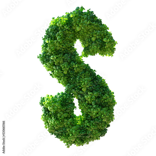 3d alphabet letter S. Green plant, leaves, grass, moss, basil, mint. Isolated on a white background with Clipping Path. 3d illustration.