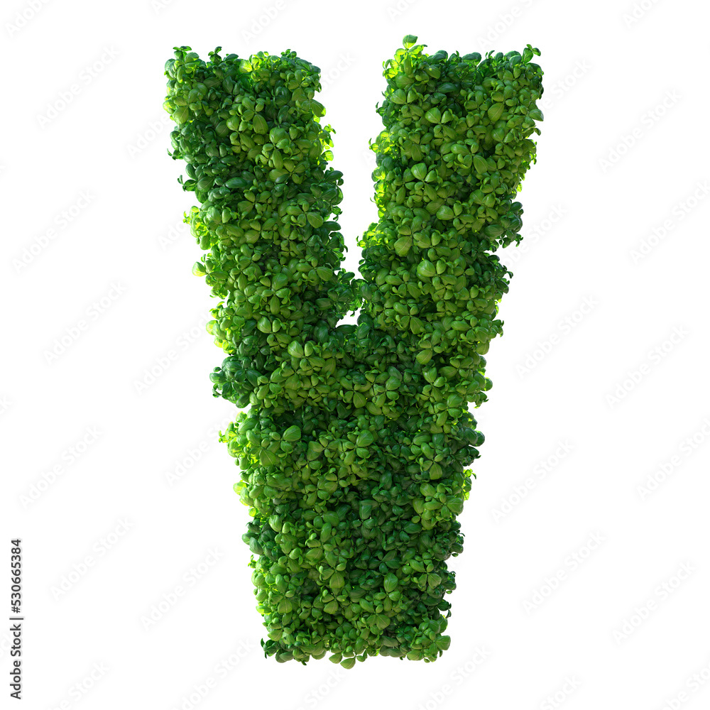 3d alphabet letter V. Green plant, leaves, grass, moss, basil, mint. Isolated on a white background with Clipping Path. 3d illustration. 3d alphabet letter V. Green plant, leaves, grass, moss, basil, mint. Isolated on a white background with Clipping Path. 3d illustration.