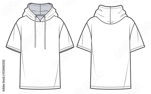 Hooded Tee Shirt fashion flat technical drawing template. Unisex T-Shirt technical fashion Illustration, overfit, hood, short sleeve, front and back view, white color, women, men, unisex CAD mockup.
