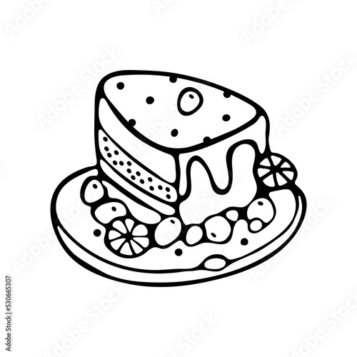 Slice of cake with fruits on a plate outline doodle cartoon style Vector Illustration isolated on white background for design Happy Birthday greeting card, Coloring book
