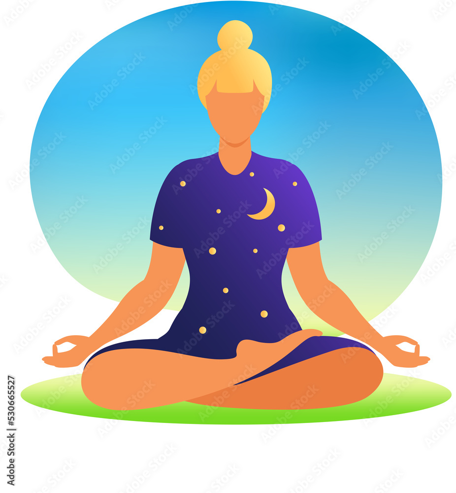 Woman meditating on nature background. Meditation concept. Woman sitting in lotus position practicing meditation. 