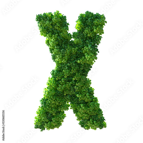 3d alphabet letter X. Green plant, leaves, grass, moss, basil, mint. Isolated on a white background with Clipping Path. 3d illustration.