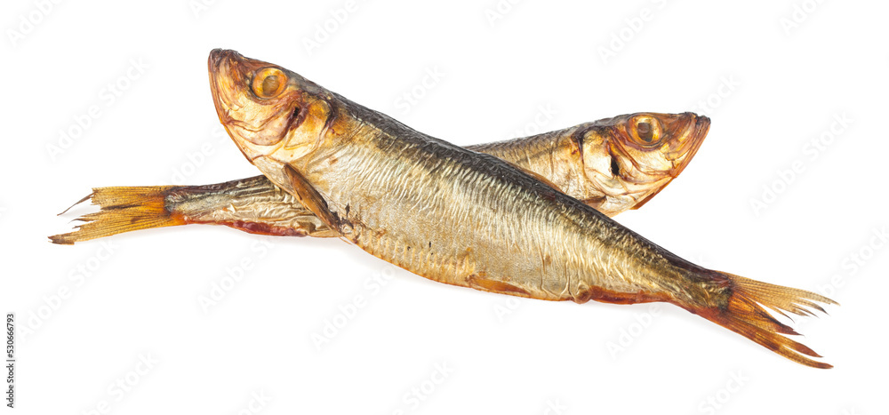 Smoked capelin fish isolated on white background. Smoked capelin fish isolated on white background.