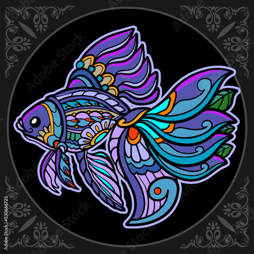 Colorful goldfish zentangle arts isolated on black background