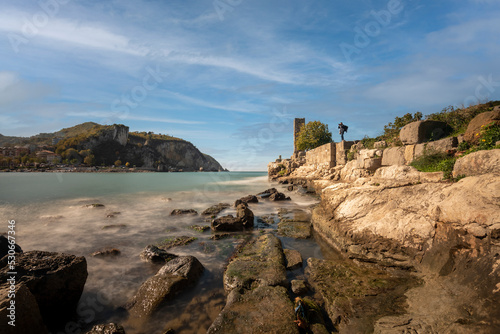 Amasra seascape, rock formations and cityscape of amasra city with blue sky and sea