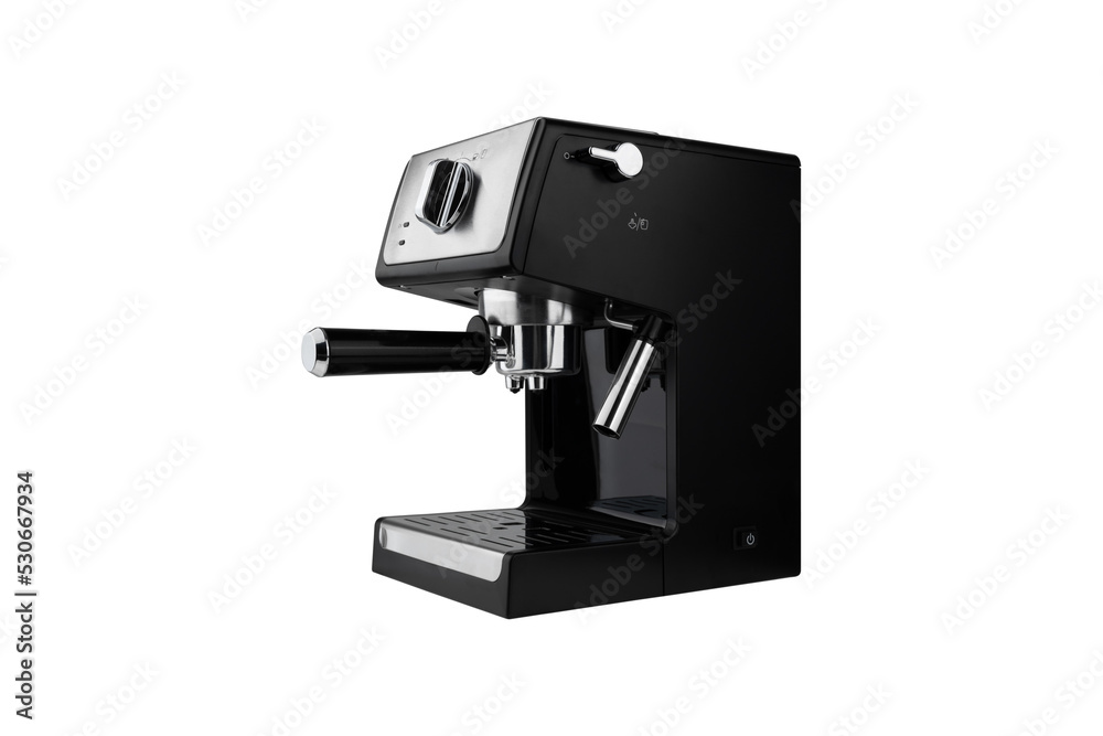 Coffee machine on a white background. Espresso coffee maker close-up isolated on a white background.