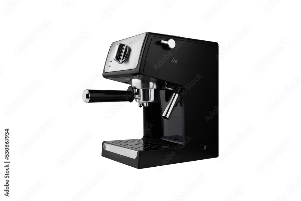 Coffee machine on a white background. Espresso coffee maker close-up isolated on a white background. Coffee machine on a white background. Espresso coffee maker close-up isolated on a white background.