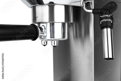 Coffee machine on a white background. Espresso coffee maker close-up isolated on a white background.