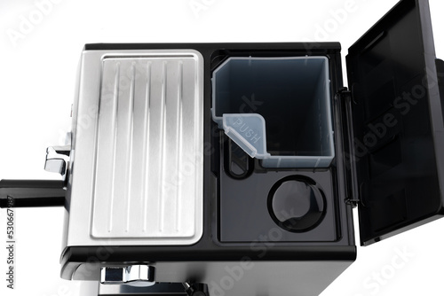Coffee machine on a white background. Espresso coffee maker close-up isolated on a white background.