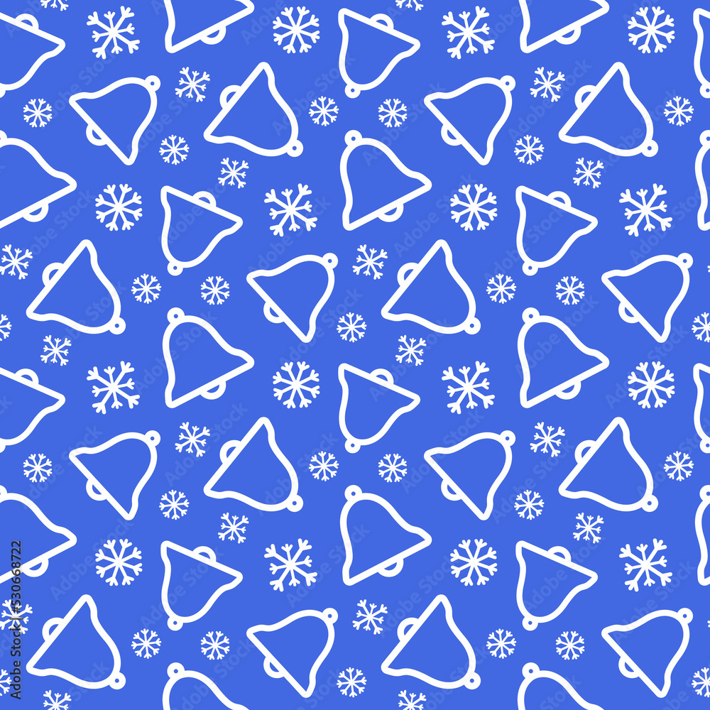 Small white contour linear bells and snowflakes isolated on a blue background. Cute monochrome Christmas seamless pattern. Vector simple flat graphic illustration. Texture. Small white contour linear bells and snowflakes isolated on a blue background. Cute monochrome Christmas seamless pattern. Vector simple flat graphic illustration. Texture.