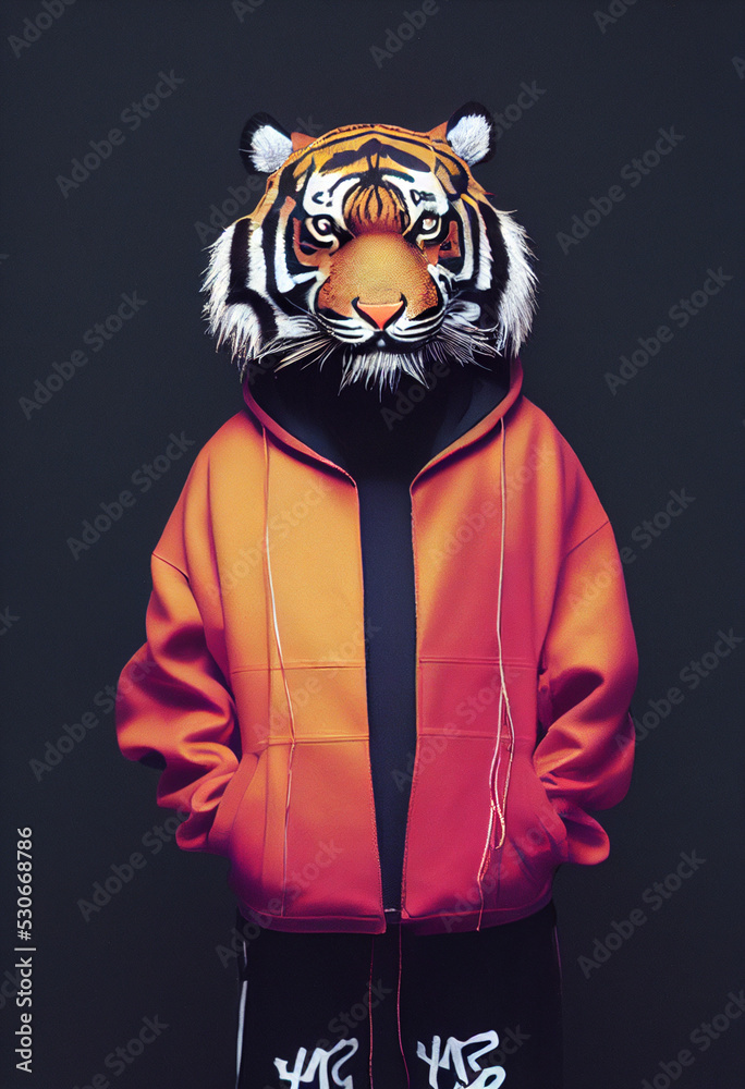 Studio photo tiger wearing streetwear cloths, sweater.