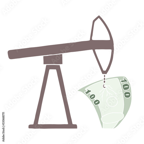 An oil rig pulls a hundred-dollar bill from the ground. The concept of rising oil prices. Gasoline price increase.