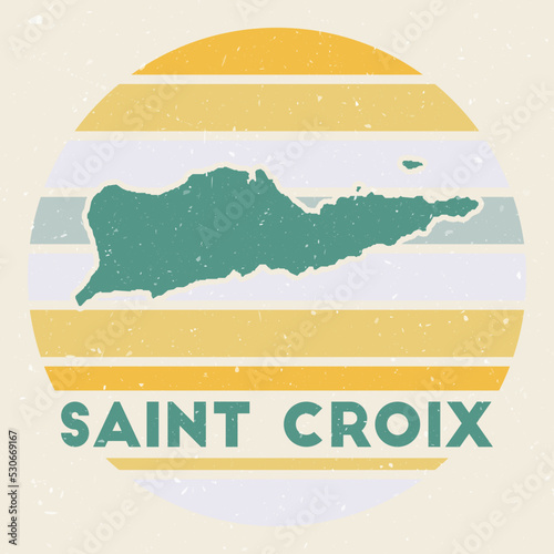 Saint Croix logo featuring the map of the island with colored stripes, vector illustration. Can be used as an insignia, logotype, label, sticker, or badge of Saint Croix.