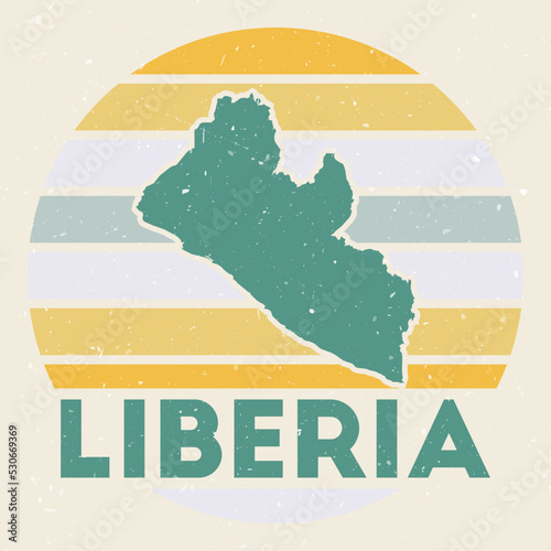 Liberia logo. Sign with the map of country and colored stripes, vector illustration. Can be used as insignia, logotype, label, sticker or badge of the Liberia.
