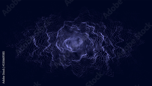 Blue sphere of dots with noise and explosion effect. Abstract technology wave. Big data visualization. Vector illustration.