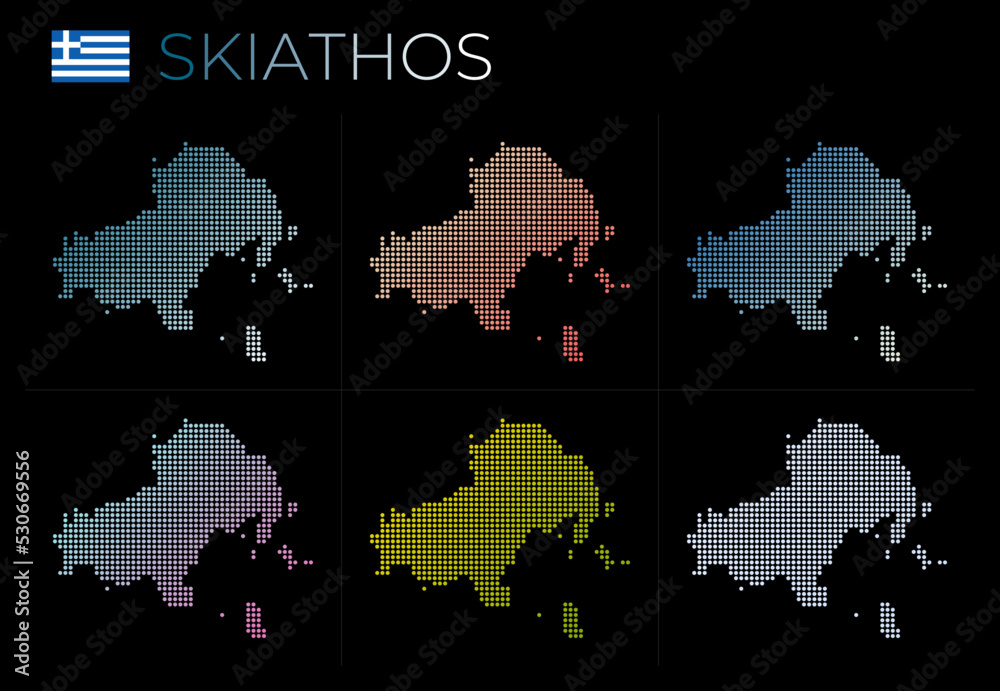 Skiathos dotted map set. Map of Skiathos in dotted style. Borders of the island filled with beautiful smooth gradient circles. Astonishing vector illustration. Skiathos dotted map set. Map of Skiathos in dotted style. Borders of the island filled with beautiful smooth gradient circles. Astonishing vector illustration.