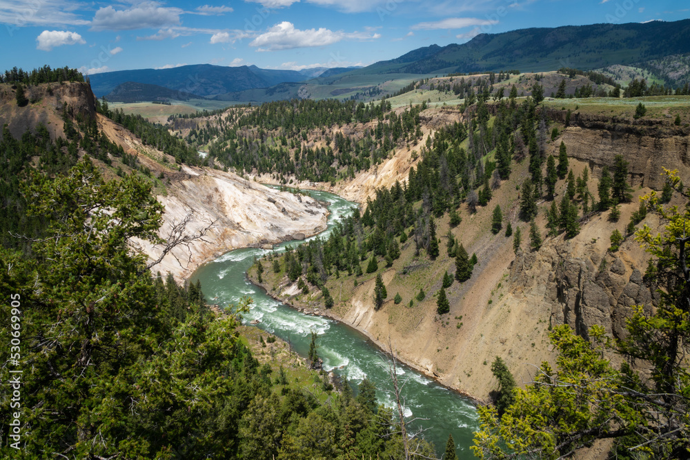 View of the Yellowstone River from the Calcite Springs overlook in Yellowstone National Park Wyoming