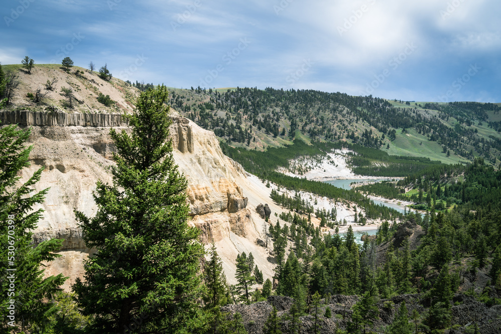 Interesting scenery near the Calcite Springs overlook, of the basalt columns and rock formations along the Yellowstone River in Yellowstone National Park