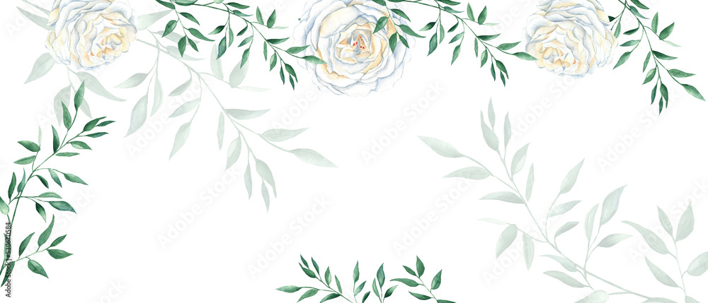 Rustic wedding watercolor banner. White creamy roses and greenery isolated on white background. Floral design frame. Can be used for wedding cards, banners, blog templates. Rustic wedding watercolor banner. White creamy roses and greenery isolated on white background. Floral design frame. Can be used for wedding cards, banners, blog templates.