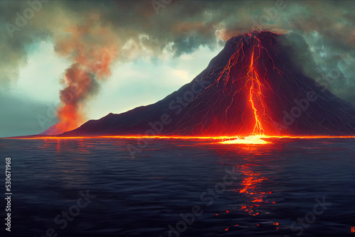 Massive Volcano Eruption. A large volcano erupting hot lava and gases into the atmosphere. 3D Illustration. © Galina