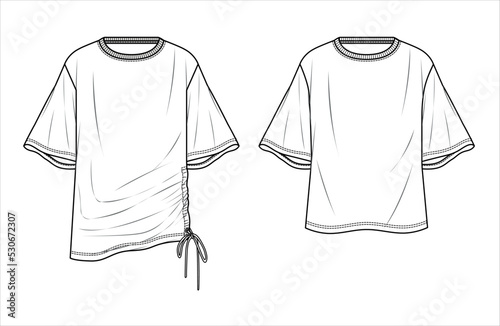 Vector short sleeved T-Shirt fashion CAD, woman round neck dropped shoulder top technical drawing, template, flat, sketch. Jersey or woven fabric 2 pieces set tshirt with front, back view, white color